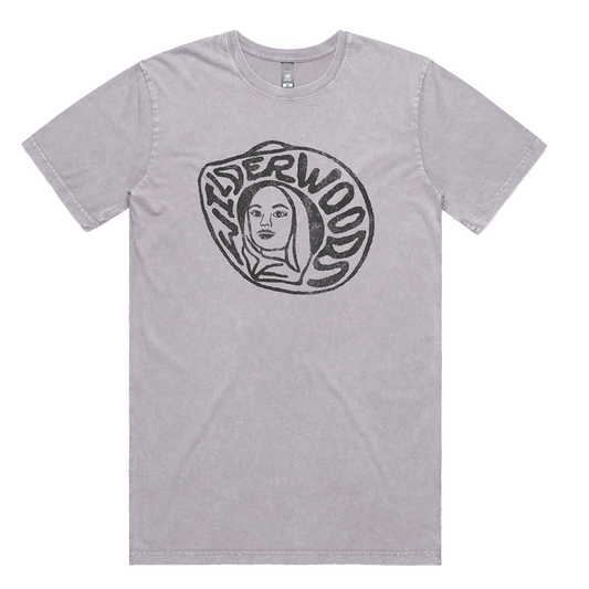 A gray Curioso unisex tee with a front print of a woman's face inside a circle.